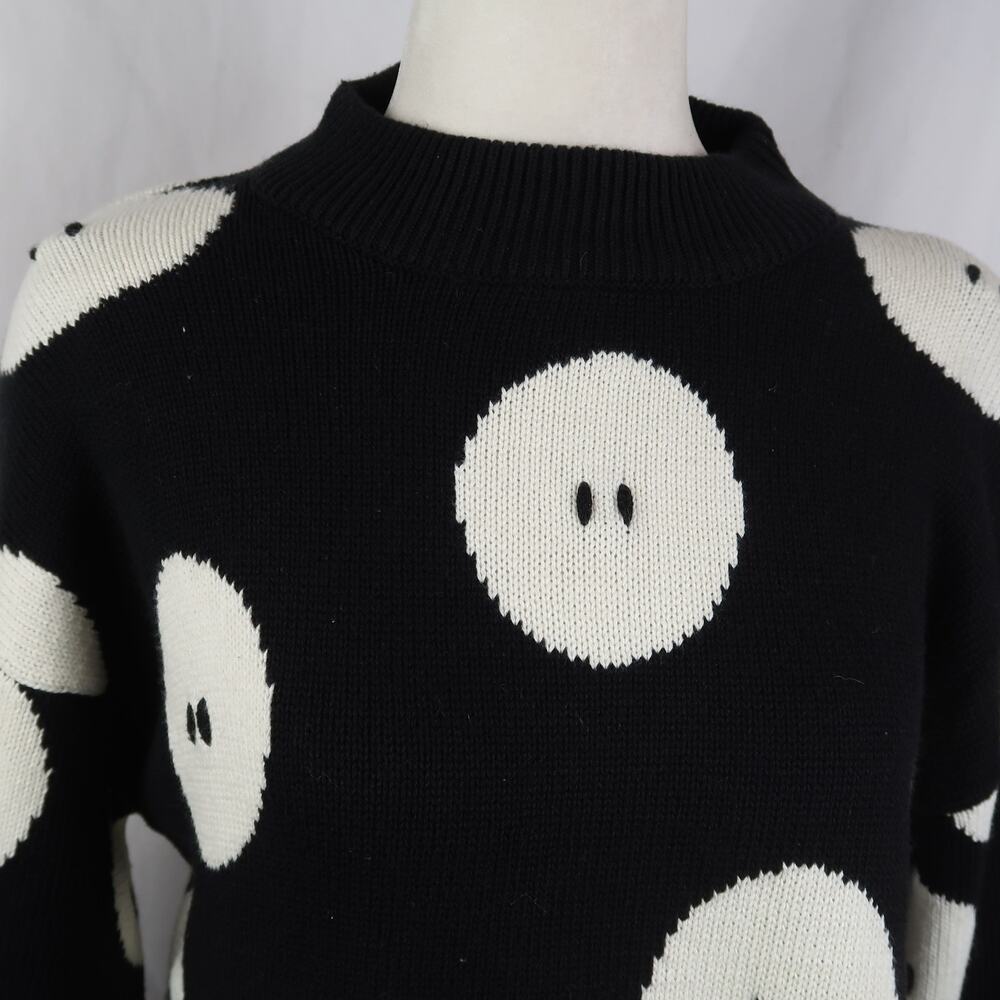 Vintage 90s Black and White Cotton Button Print Tunic Sweater S - Picture 2 of 5